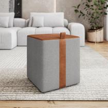 Puff Quadrado Éros Linho Em Couro Cinza Caramelo