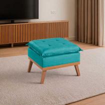 Puff Quadrado Linho Pillow Estofado Sala Quarto Pé Madeira