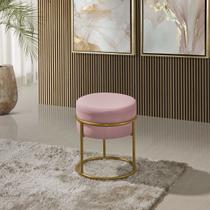 Puff Redondo Argola Levi Veludo Rosa Base em Aço Dourado