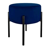 Puff Redondo Base Metálica Preta Suede Azul Marinho - Vallisa Decor