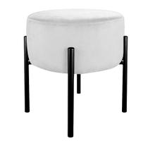 Puff Redondo Base Metálica Preta Suede Branco - Vallisa Decor