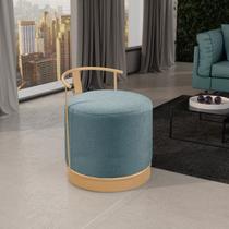 Puff Redondo com Base em Ferro Dourada e Estofado ÁQuila Azul Res_Atr_Linho_Azul_Dourado Puff Redondo com Base em Ferro Dourada e Estofado ÁQuila Azul Res_Atr_Linho_Azul_Dourado