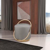 Puff Redondo com Base em Ferro Dourada, Estofado e Detalhe em Arco Lunar