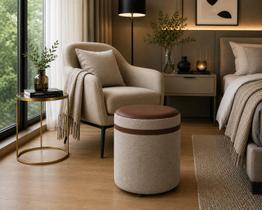 Puff redondo comprido tecido bege linho listra e material sintético marrom elegante macio suporta 120kg decoração sala quarto sofás Puff redondo comprido tecido bege linho listra e material sintético marrom elegante macio suporta 120kg decoração sala quarto sofás