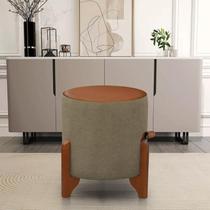 Puff Redondo Em Linho Com material sintético Pés Em Madeira Maciça Decorativo Sala Quarto
