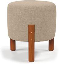 Puff Redondo Luxo Decorativo Charme com Pés de madeira Linho Bege Puff Redondo Luxo Decorativo Charme com Pés de madeira Linho Bege