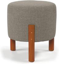 Puff Redondo Luxo Decorativo Charme com Pés de madeira Linho Cinza