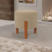 Puff Redondo Luxo Decorativo New Zeus com Pés em Madeira Maciça Linho Bege