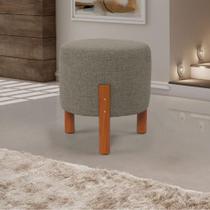 Puff Redondo Luxo Decorativo Zeus com Pés em Madeira Maciça Linho Cinza