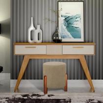 Puff Redondo Luxo Pés em Madeira Luna Linho Bege