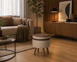 Puff redondo tecido bege linho material sintético faixa marrom pés palito plástico macio elegante moderno decoração sala estar quart Puff redondo tecido bege linho material sintético faixa marrom pés palito plástico macio elegante moderno decoração sala estar quart