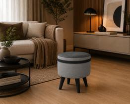 Puff redondo tecido cinza linho material sintético faixa cinza pés palito plástico macio elegante moderno decoração sala estar quart Puff redondo tecido cinza linho material sintético faixa cinza pés palito plástico macio elegante moderno decoração sala estar quart