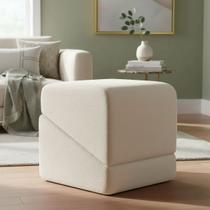 Puff Sense Bouclé Bege Premium Assento Extra Decorativo Para Sala Quarto Design Moderno Linhas Orgânicas