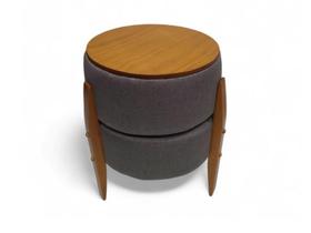 Puff Vira Mesa Estofado Redondo Pés Madeira Maciça -Mumbai Cinza