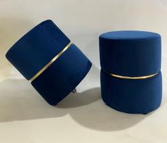 puffs kit 2 decorativo redondo azul com cinta dourada elegante luxo
