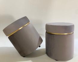 puffs kit 2 decorativo redondo cinza com cinta dourada superior elegante luxo