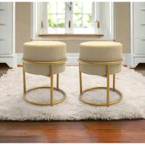Puffs Luxo Estofado Linho Bege com Aço Dourado kit 2 Banqueta Decorativa para Sala Quarto Escritório Penteadeira Elegant