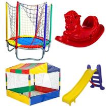 Pula Pula Cama Elástica Trampolim 1,40m + Piscina de Bolinhas Quadrada 1,50m + Escorregador Médio + Gangorra Infantil