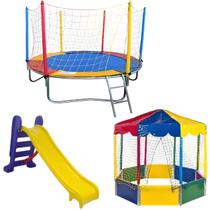 Pula Pula Trampolim Cama Elástica 2,30m Casinha Piscina de Bolinhas Oitavada 2,00m Picadeiro Escorregador Médio Playground