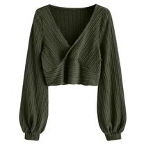 Pulôver feminino Crop Top ZAFUL com manga lanterna canelada em forma de asa de morcego