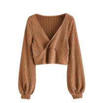 Pulôver feminino Crop Top ZAFUL com manga lanterna canelada em forma de asa de morcego