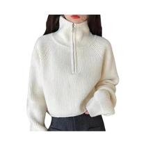 Pulôver Feminino De Tricô Macio Com Gola Meio Zíper, Manga Longa, Estilo Coreano, Outono Inverno,