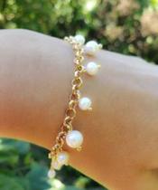 Pulseira 17cm com elo Português e pérola de água doce em banho de ouro 18k