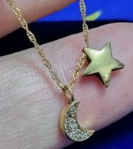 Pulseira 18 Kilates Lua Diamantes 8 mm Estrela 8 mm Peso 1.30 Gramas 22 Cm Corrente 0.5 mm