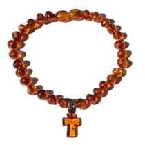 Pulseira 18cm Âmbar Báltico Mel Escuro Polido com Pingente de Cruz