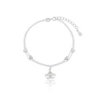 Pulseira 18cm de Prata 925 Dupla Coroa e Corações Banhado a Ródio