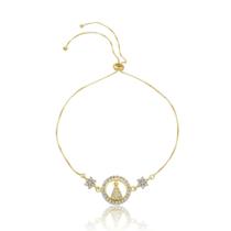 Pulseira 20cm Ajustável Nossa Senhora Aparecida Com Zircônia Prata Banhada a Ouro 18k