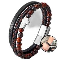 Pulseira 3 Em 1 De Couro Pedra Agata Cruz Fecho Magnético