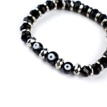 Pulseira 3 Olho Grego Preta Prateada Cristal e Silicone