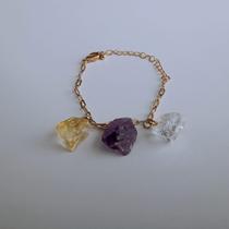 Pulseira 3 pedras brutas ametista + citrino + cristal