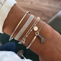 Pulseira 4pçs Prateada Pingente Corda Fina Brilhante S4107