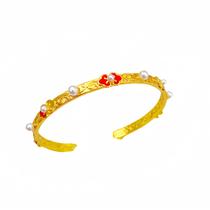 Pulseira aberta banhada a ouro para mulheres com esmalte floral Pulseira aberta banhada a ouro para mulheres com esmalte floral