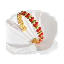 Pulseira Aberta De Aço Inoxidável Vermelha Com Design De Morango E Cereja, Joia Da Moda Para