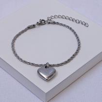 Pulseira Aço Inox Prateado Cordão Baiano com Coração