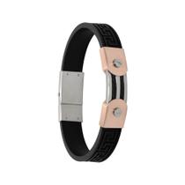 Pulseira Aço IPR e Caucciù com Trabalhado Grego 12mm 21cm Pulseira Aço IPR e Caucciù com Trabalhado Grego 12mm 21cm