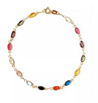 Pulseira adulto em ouro 18k pedras zirconias coloridas 3x5 - 18cm