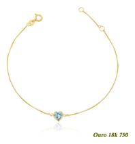 Pulseira Adulto Ouro 18k 0,750 Coração De Zircônia 5mm 19cm Água Marinha Pulseira Adulto Ouro 18k 0,750 Coração De Zircônia 5mm 19cm Água Marinha