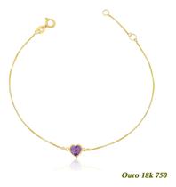Pulseira Adulto Ouro 18k 0,750 Coração De Zircônia 5mm 19cm Ametista Roxa Pulseira Adulto Ouro 18k 0,750 Coração De Zircônia 5mm 19cm Ametista Roxa