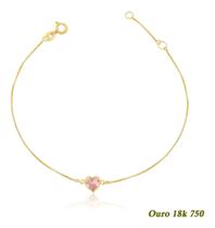 Pulseira Adulto Ouro 18k 0,750 Coração De Zircônia 5mm 19cm Rosa