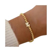 Pulseira Ajustável Banhada a Ouro Com Inicial Para Mulheres, Com Zircônias Cravejadas E Contas,