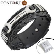 Pulseira Ajustável Couro Masc Força Preta Top
