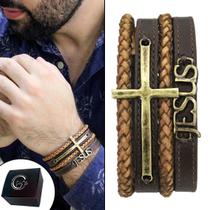 Pulseira Ajustável Couro Masc Jesus Cruz Marrom Ouro Velho