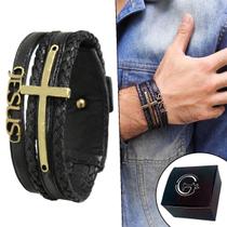 Pulseira Ajustável Couro Masc Jesus Cruz Preta Ouro Velho