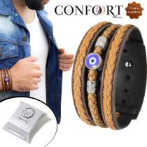 Pulseira Ajustável De Couro Marrom Masculina Olho Grego Talismã Proteção