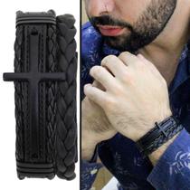 Pulseira Ajustável De Couro Masculina Cruz All Black