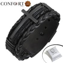 Pulseira Ajustável De Couro Masculina Cruz All Black Pulseira Ajustável De Couro Masculina Cruz All Black